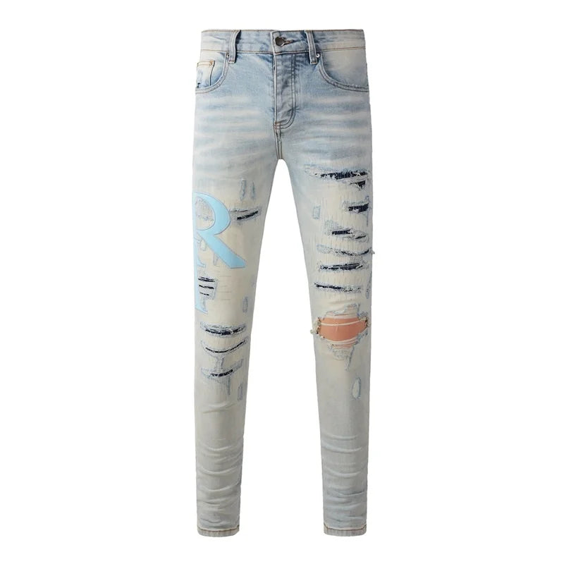 Fashion Top Quality Streetwear Distressed Men's Jeans Vintage Low Rise Stretch Skinny Button Fly Ripped Hold Pants