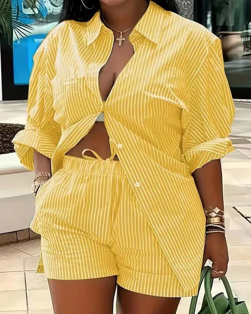 2025 Spring Autumn Casual Woman Sets Fashion Shirt Printed Button Shirt&Shorts Streetwear Shorts Pant Outfit Suit Two Piece Set