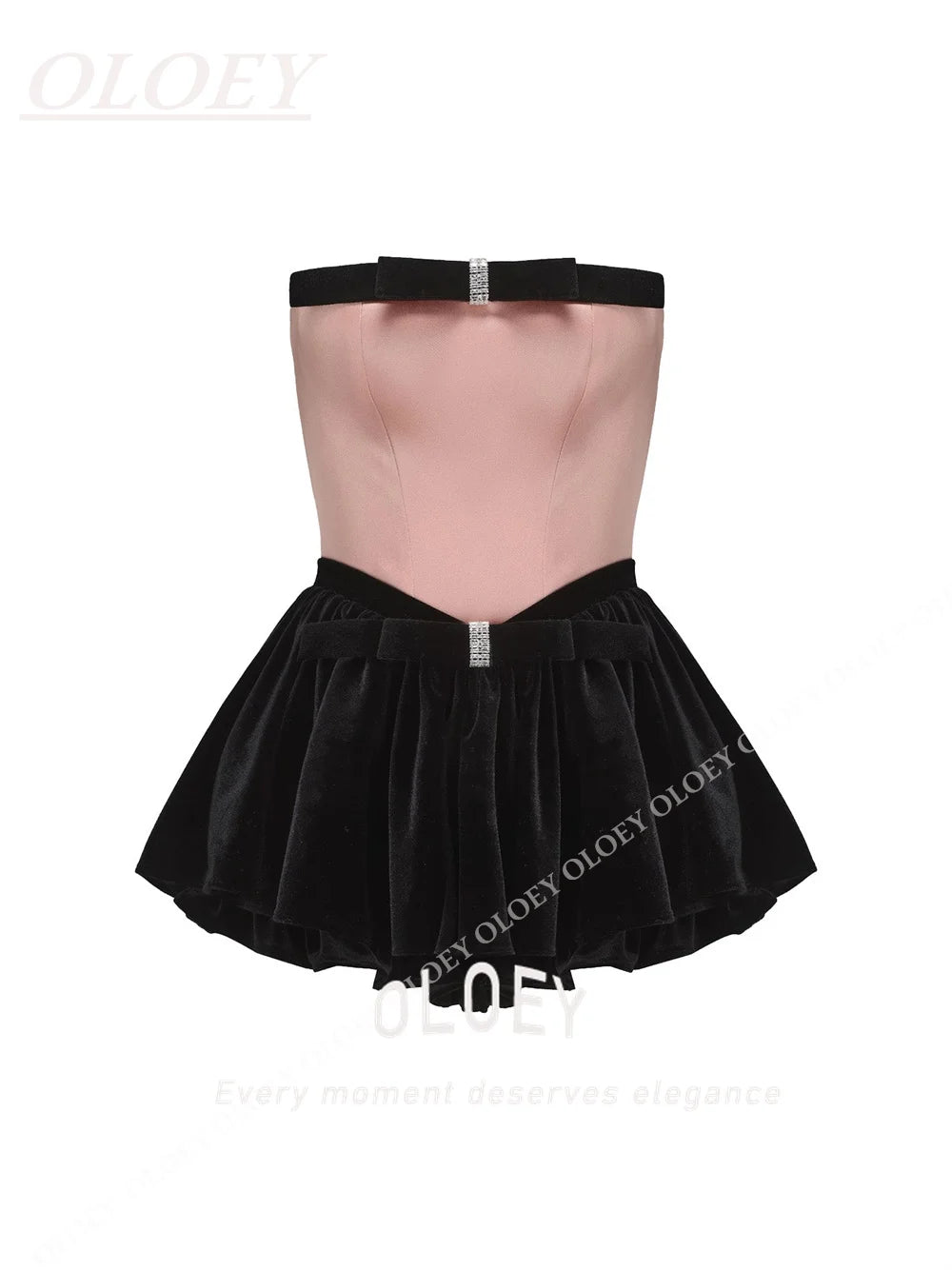 OLOEY Modern Strapless Short Prom Cocktail Dress Contrast Color Velvet Satin Mini Wedding Party Gown Customized Black Pink Gown