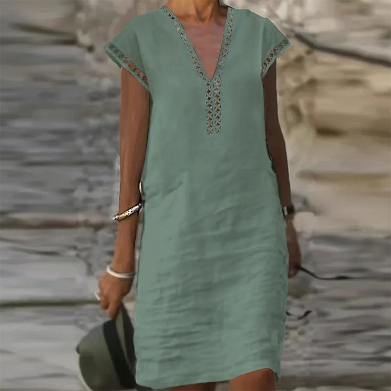 Women Cotton Linen Dress Summer Fashion Solid Color Hallow Out Mini Dresses Female Oversize Casual Mid-Sleeve Dresses Vestidos