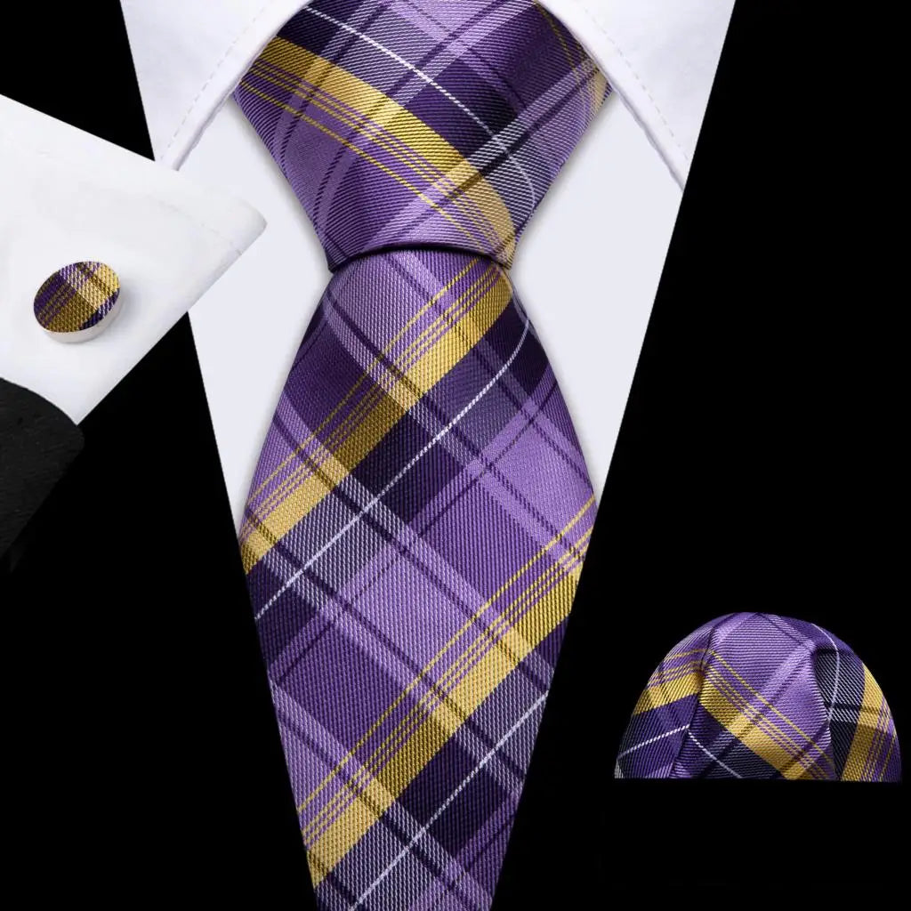 Barry.Wang Plaid Silk Men Tie Hanky Cufflinks Set Checked Jacquard Necktie for Male Formal Casual Wedding Business Party Events