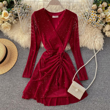 FTLZZ New Women's Dresses Spring Long Sleeve V-neck Elegant Dresses Casual Asymmetrical Ruffle Mini Dress Party Dress