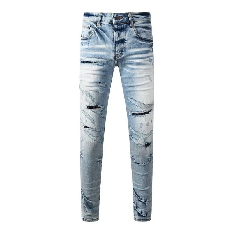 Fashion Top Quality Streetwear Distressed Men's Jeans Vintage Low Rise Stretch Skinny Button Fly Ripped Hold Pants