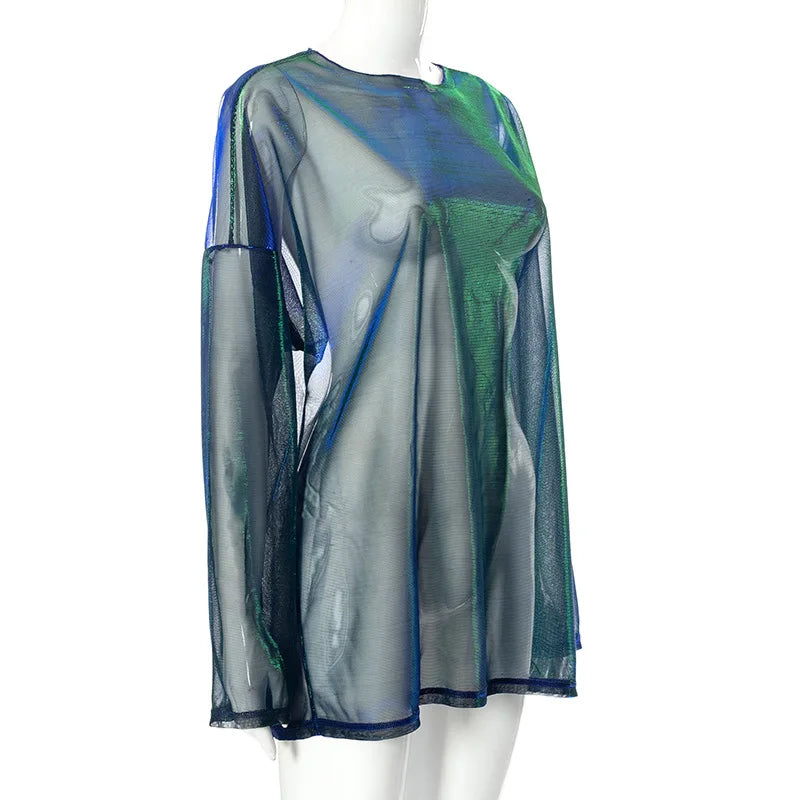 Solid See Through Tshirt Women Sexy Tops O-Neck Long Sleeve T Shirt For Women Clothing Club Y2k Aesthetic Egirl Tees