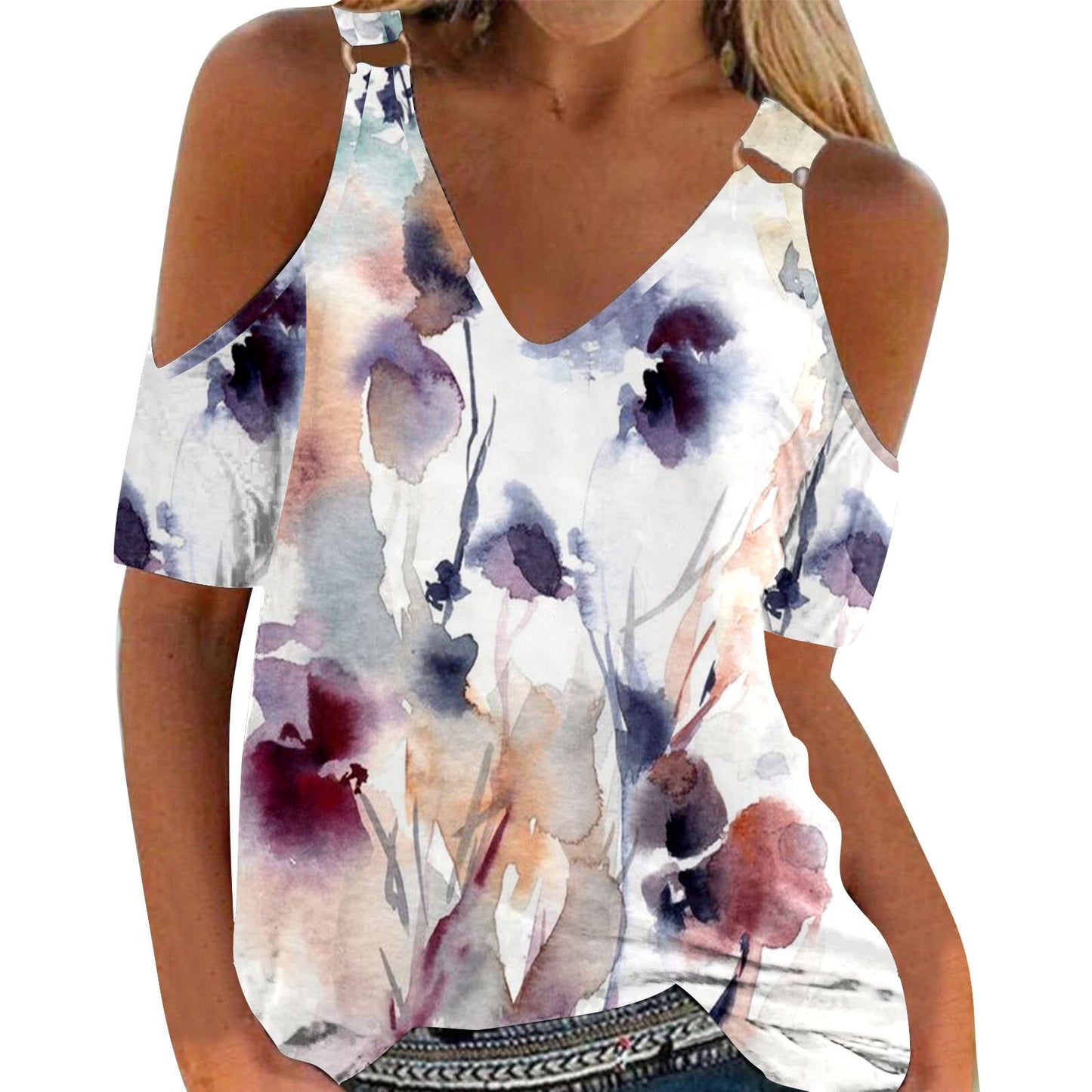 Fashion Print Off Shoulder Ladies Tops Summer Sexy V Neck Short Sleeve Casual Blouse 2022 Hot Women Outfits Party Dress Shirts