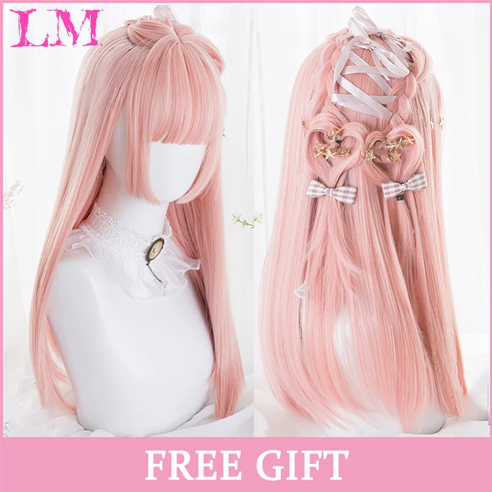 LM Synthetic Black Wig with Long Ponytail Short Straight Wig Lolita Cosplay Party Harajuku Blonde Wig With Bangs for Women