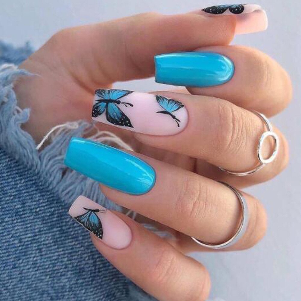 24pcs Strawberry Girl Long Ballet False Nails Art Removable Acrylic Press On Nail Tips