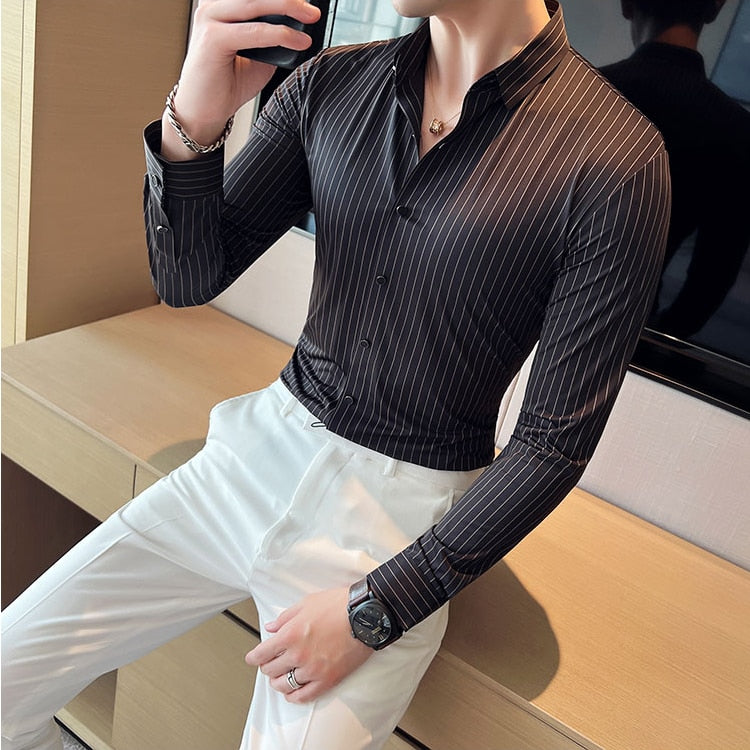Plus Size 4XL-M High Elasticity Seamless Shirts Men Long Sleeve Slim Casual Luxury Shirt Social Formal Dress Shirts