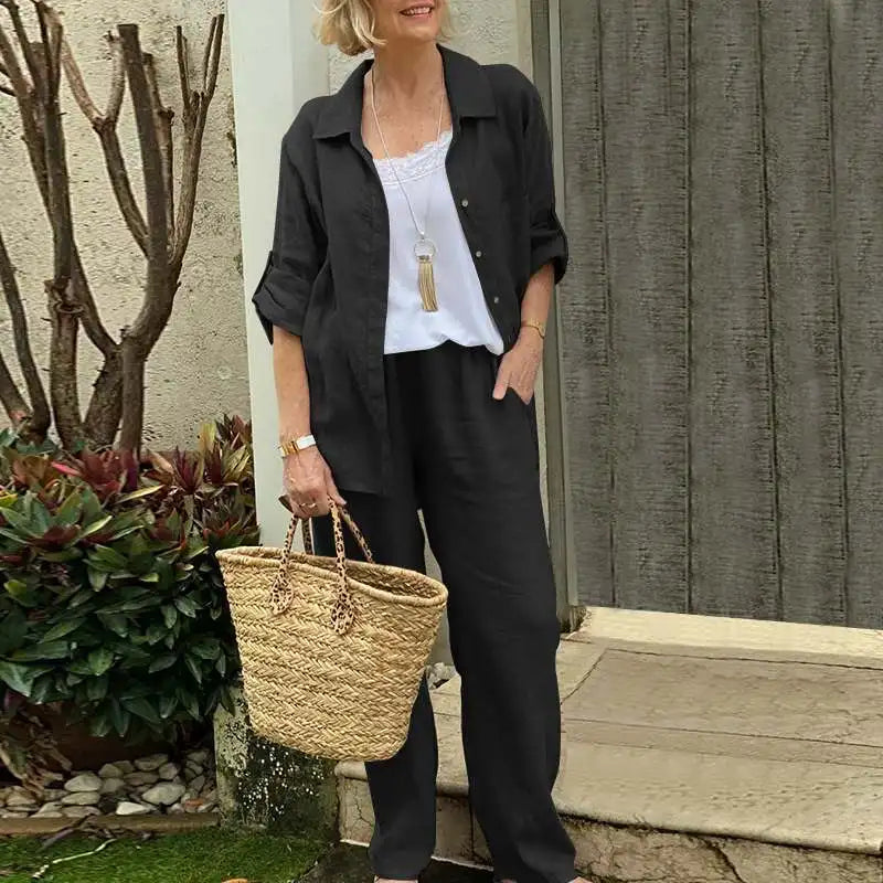 Summer Cotton Linen Casual Home 2 Piece Set For Women 2025 Fashion White Long Sleeve Shirt And Shorts Two Piece Sets Tracksuit