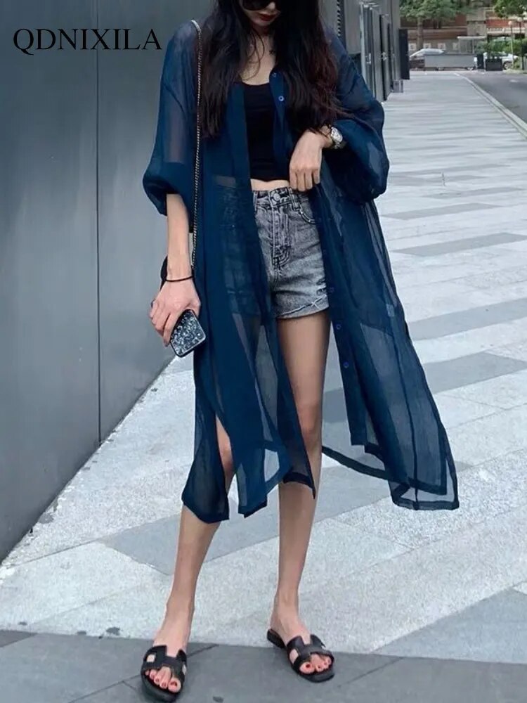 Women's Clothing Shirts and Blouses New Cardigan Women's Thin Coat Sunscreen Mid-length Beach Top Chiffon Shirts for Women