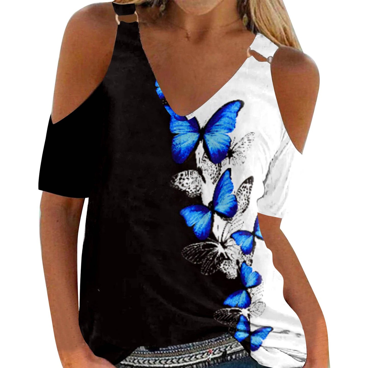 Fashion Print Off Shoulder Ladies Tops Summer Sexy V Neck Short Sleeve Casual Blouse 2022 Hot Women Outfits Party Dress Shirts