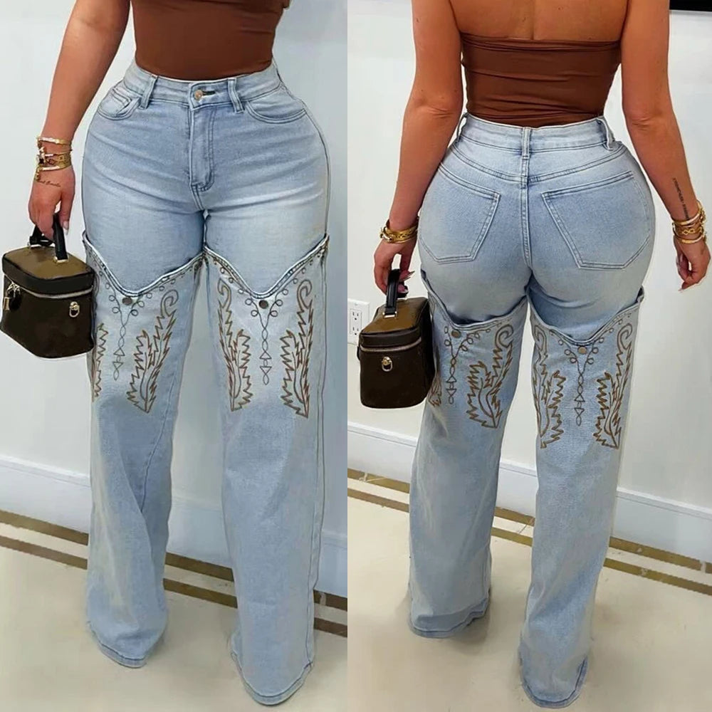 2025 Summer Fashion Woman Vintage Embroidery Denim Trousers Casual High Waist Straight Leg Jeans Women Street Clothes Jean Pants