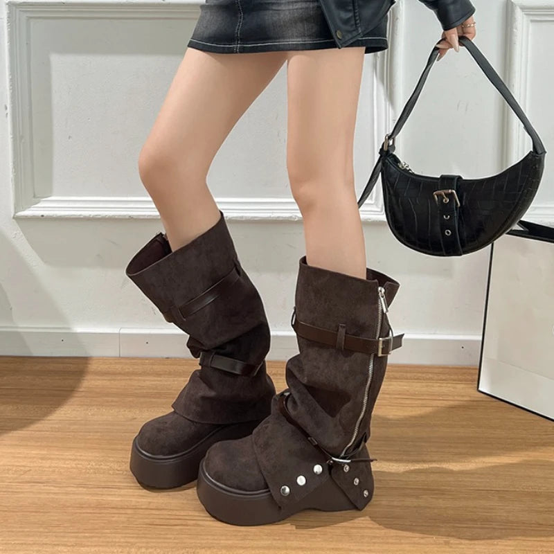 Autumn Winter Chunky Women Knee High Boots Fashion Button Combination Splicing Shoes Ladies Platform Thick Heel Long Booties