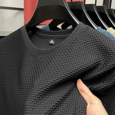 Men's Short Sleeve Mesh Bamboo Ice Silk T-shirt Casual Versatile Summer Elastic Slimming Top for Men 2029