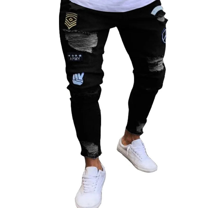 2023 Fashion Street Style Ripped Skinny Jeans Men Vintage wash Solid Denim Trouser Mens Casual Slim fit Black Blue denim Pants