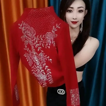 Autumn/Winter New Fashionable Half-Polo/Turtle Neck Solid Color Diamond-Embellished Base Layer Top Plus Size Belly-Covering Age-