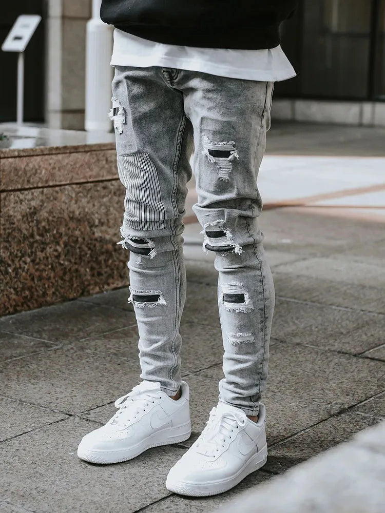 Men's Skinny Ripped Jeans Streetwear Fashion Beggar Patch Men Pencil P