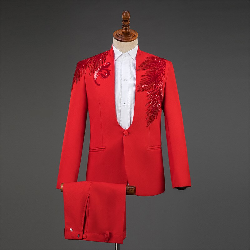 Gold Embroidery Suit Men Stand Collar Diamond Mens Blazer with Pants Wedding Groom Tuxedo Suits Stage Singer Party Costume Homme