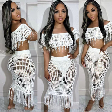 Znaiml Sexy Beach Crochet Hollow Out Tassel Fringed Crop Top and Long Skirt Sets Women Summer Party 2 Piece Dress Sets Outfit