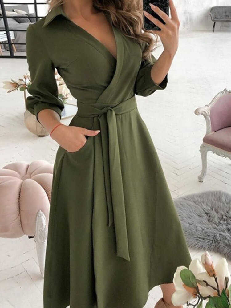 Dresses for Women 2023 Sexy Robe Mid Length Fashion Print Polo Neck Small Style Lace Up Waist Dress Long Summer Dresses Ladies