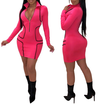 Zipper Stand Collar V Neck Long Sleeve Bodycon Dress Women Fashion Casual Dress Sheath Mini Club Party Dresses Outfits
