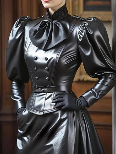 Vintage Women Stand Collar PU Leather Long Sleeve Blouse Cinched Black Bow Puff Sleeve Leather T Shirt High Street Streetwear