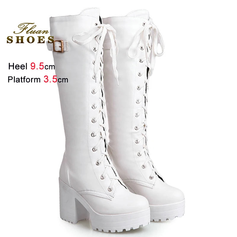 2025 Sexy White Women Knight Boots Coarse Heels Round Toe Knee High Boots Lace Up Multi-belt Buckle High Heeled Boots Size 35-43