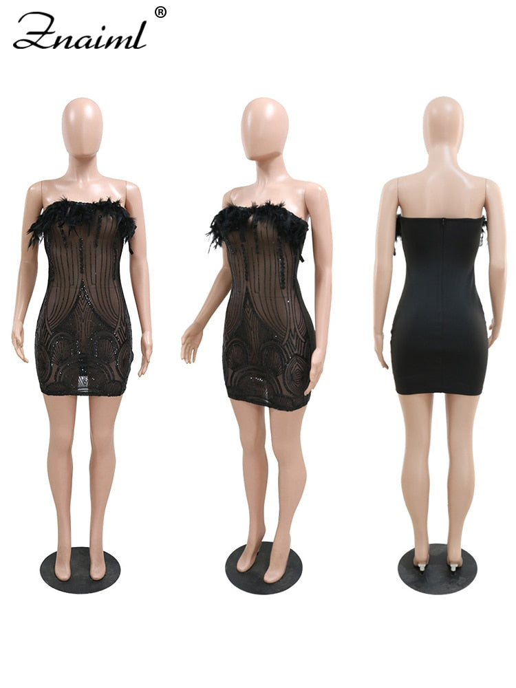 Women Sexy Club Party Night Feather Strapless Birthday Dresses Elegant Backless Mesh
