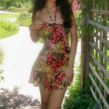SUCHCUTE Chic Romantic Print Halter Dress For Women Sexy Sleeveless Backless Mini Dress Fashion Holiday Clothes Summer Beach