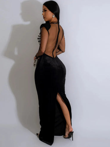Beyprern Women's Sheer Mesh Rhinestones Décor Long Maxi Dress Glam See-Through Back Slit Sequin Party Dress Celebrities Outfits
