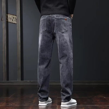 2025 New Men Fashion Loose Straight Elasticity Jeans Male Wear-Resistant Look Taller Denim Pants Smart Casual Dark Gray Trousers