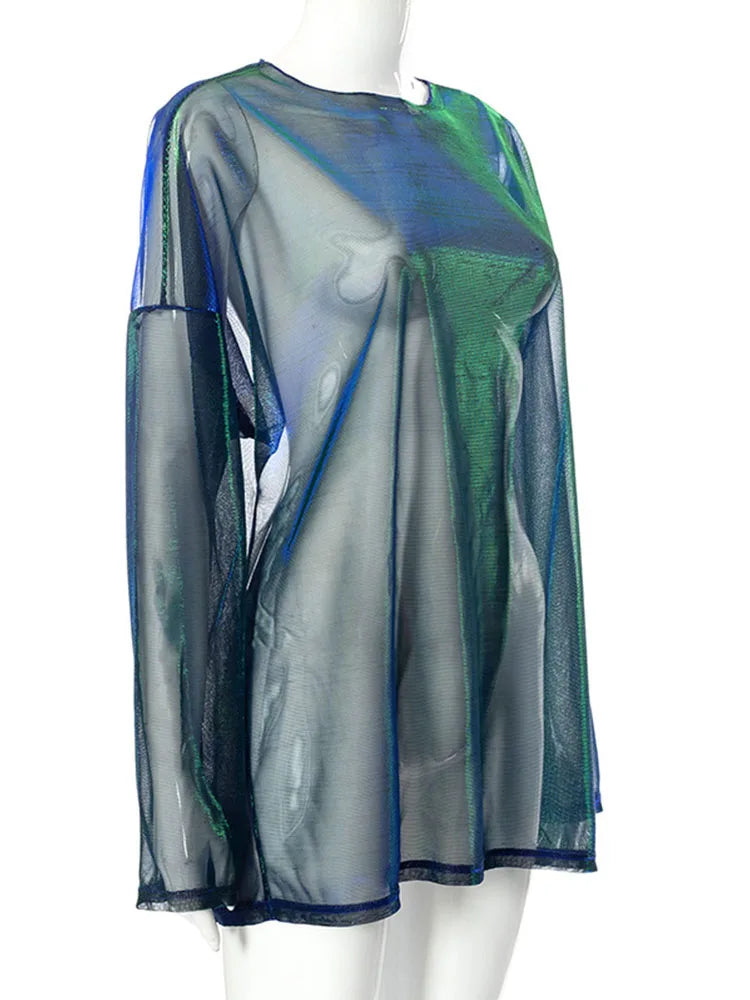 Solid See Through Tshirt Women Sexy Tops O-Neck Long Sleeve T Shirt For Women Clothing Club Y2k Aesthetic Egirl Tees