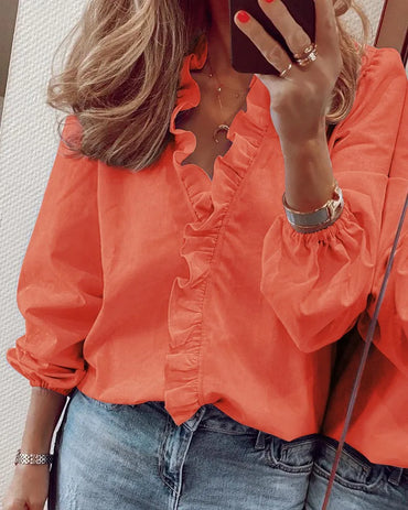 Spring and summer new long sleeved ruffled shirt women's shirt