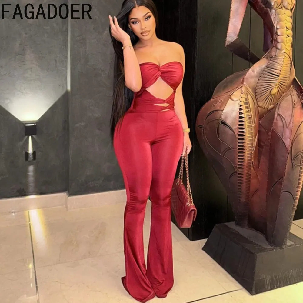 FAGADOER Spring New Sexy Hollow-out Bodycon Jumpsuits Woman Solid Color Sleeveless Backless Rompers Female Streetwear Overalls