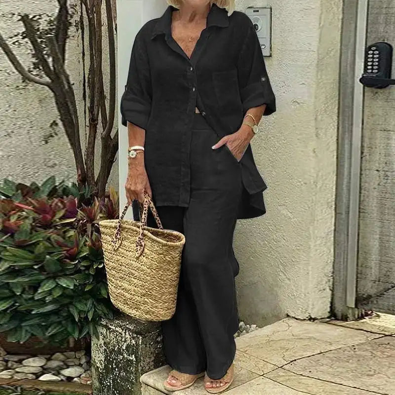 Summer Cotton Linen Casual Home 2 Piece Set For Women 2025 Fashion White Long Sleeve Shirt And Shorts Two Piece Sets Tracksuit