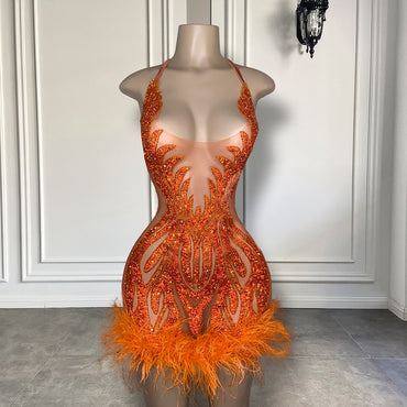 See Through Sexy Women Birthday Party Gowns Halter Sparkly Crystals African Black Girls Orange  Mini Short Prom Dresses 2023