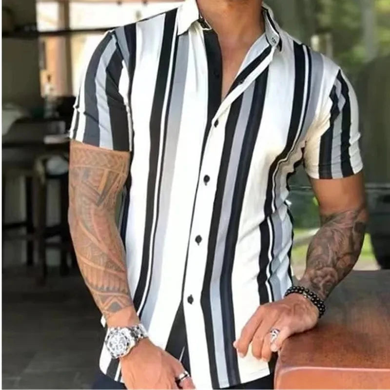 New Men's Shirts Fashion Stripes Print Short-sleeved Tees Summer Tops Men Turn-down Collar Button Casual T-shirt Clothing
