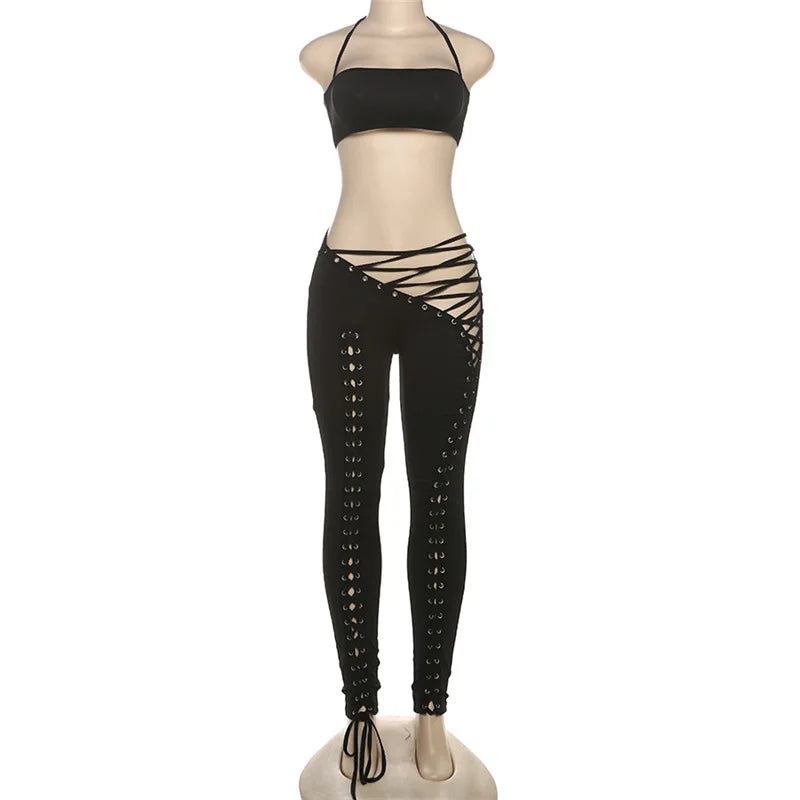 FAGADOER Sexy Bandage Patchwork 2 Piece Sets Woman Outfit Halter Sleeveless Crop Tops and Pants Matching Suit Female Streetwear