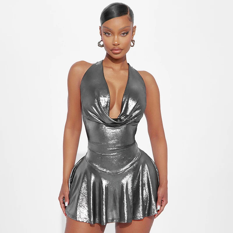 tight metallic dress CUTENOVA 2025 New Metallic V Neck Puttee Tight Pleated Short Dress For Wome Sexy Backless Strap Mini Dresses Evening Club Party SILVER / L