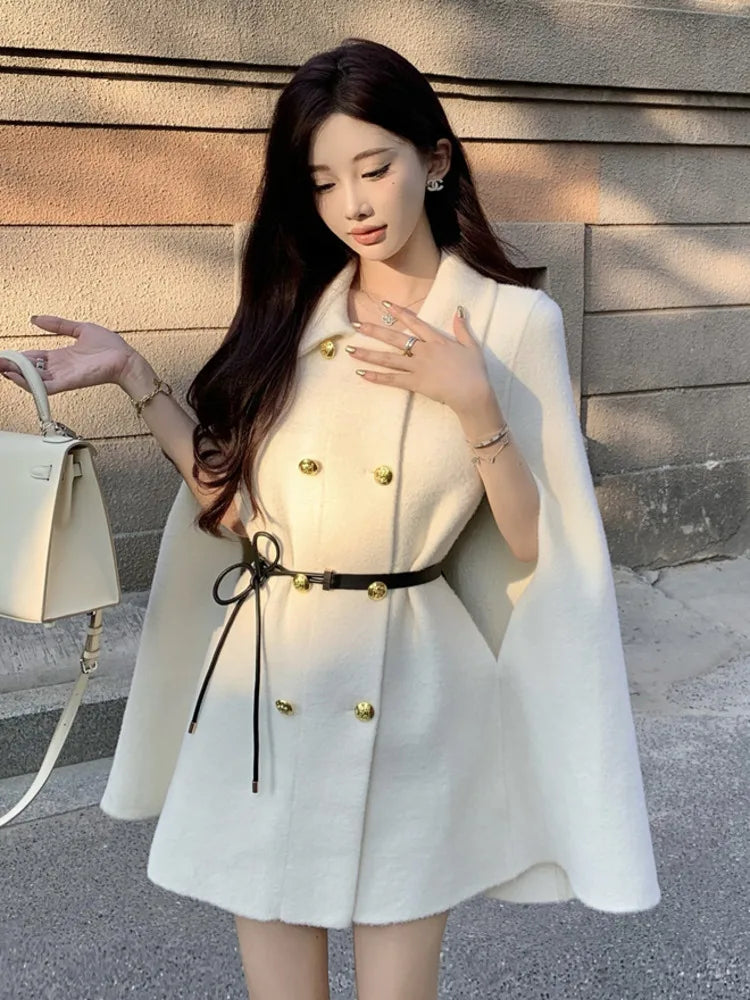 Double-breasted Elegant Woolen Coats For Women Korean Fashion Casual Cloak Overcoat Ladies Loose Jacket Female Outerwears Tops