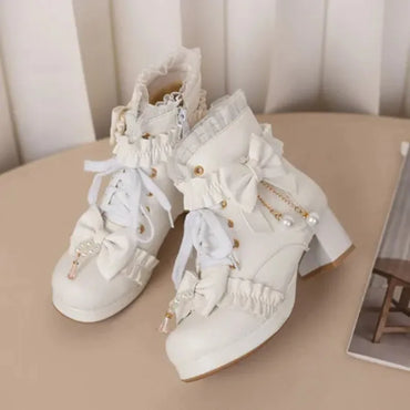 Lolita Great Quality Block High Heels Women Ankle Boots White Shoes Lace Decor Lace Up Chunky Heeled Bow Boots for Women