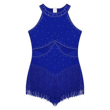 Kids Girls Sleeveless Fringed Bodysuit Moden Latin Jazz Dance Leotard Dress Rhinestones Gymnastics Skating Performance Costumes