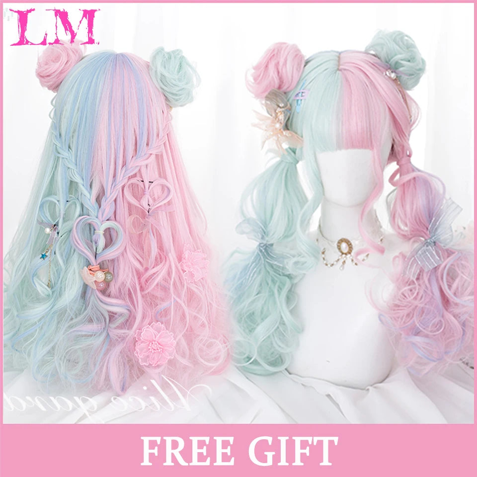 LM Synthetic Black Wig with Long Ponytail Short Straight Wig Lolita Cosplay Party Harajuku Blonde Wig With Bangs for Women