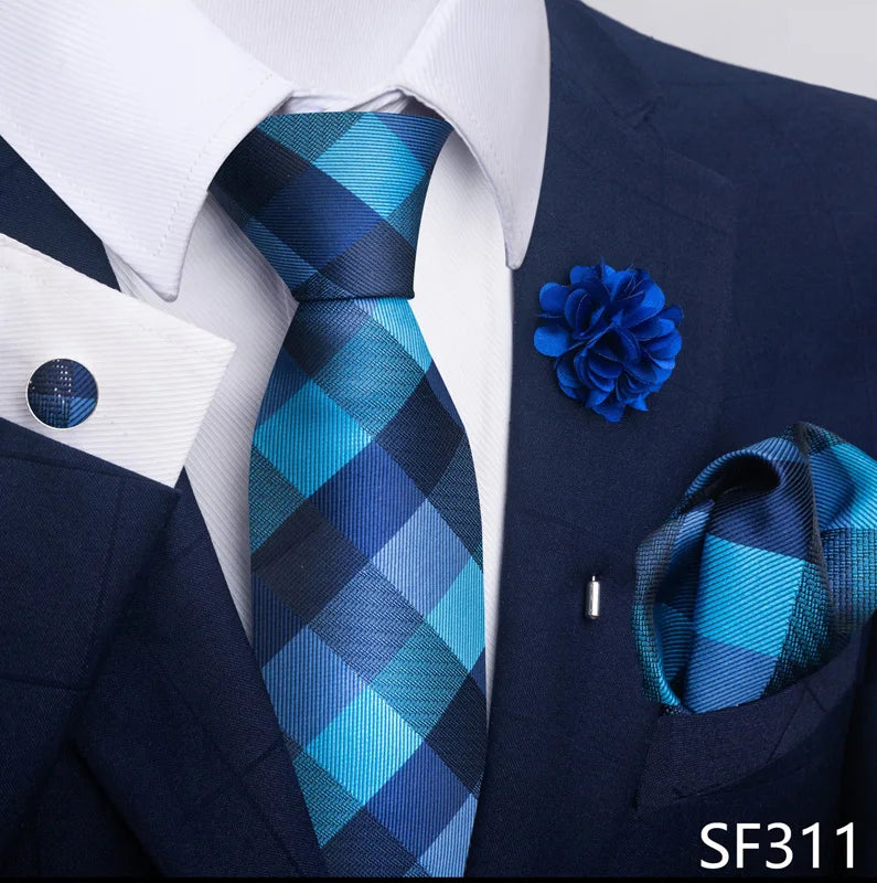 Hot Sale Luxury 8 cm Blue Floral Ties Pocket Square Cufflinks Brooch Set For Man Suit Accessories Holiday Gift Fit Formal Party