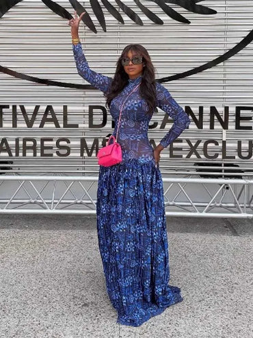 Royal Blue Dress for Women Mid-turtleneck High Waist Transparent Light Long Dress with Sleeves Streetwear Pleated Maxi Dress