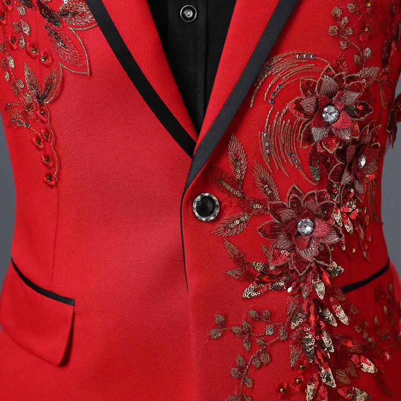 New Men Luxury Decal Suits Black / Red / Blue / White Fashion Singer Host Stage Performance Splicing Flower Blazers and Pants