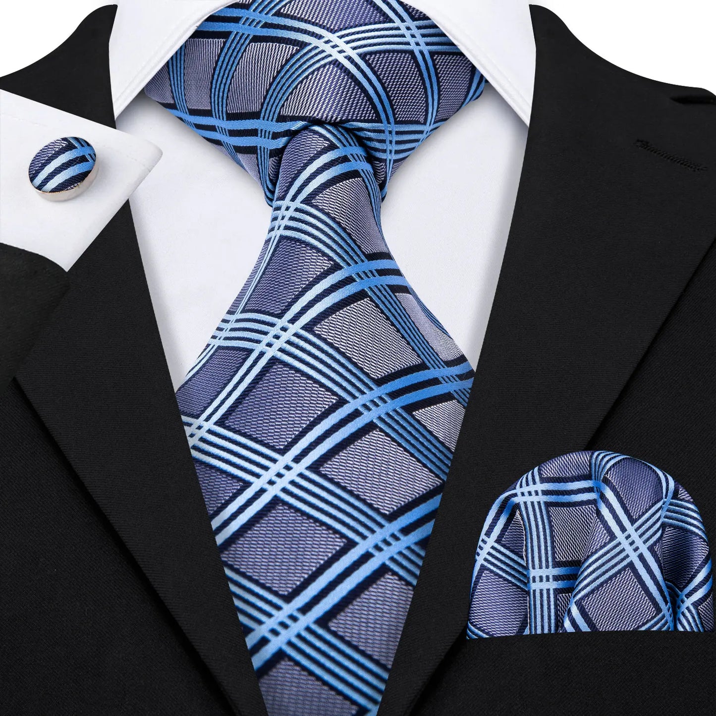 Barry.Wang Plaid Silk Men Tie Hanky Cufflinks Set Checked Jacquard Necktie for Male Formal Casual Wedding Business Party Events