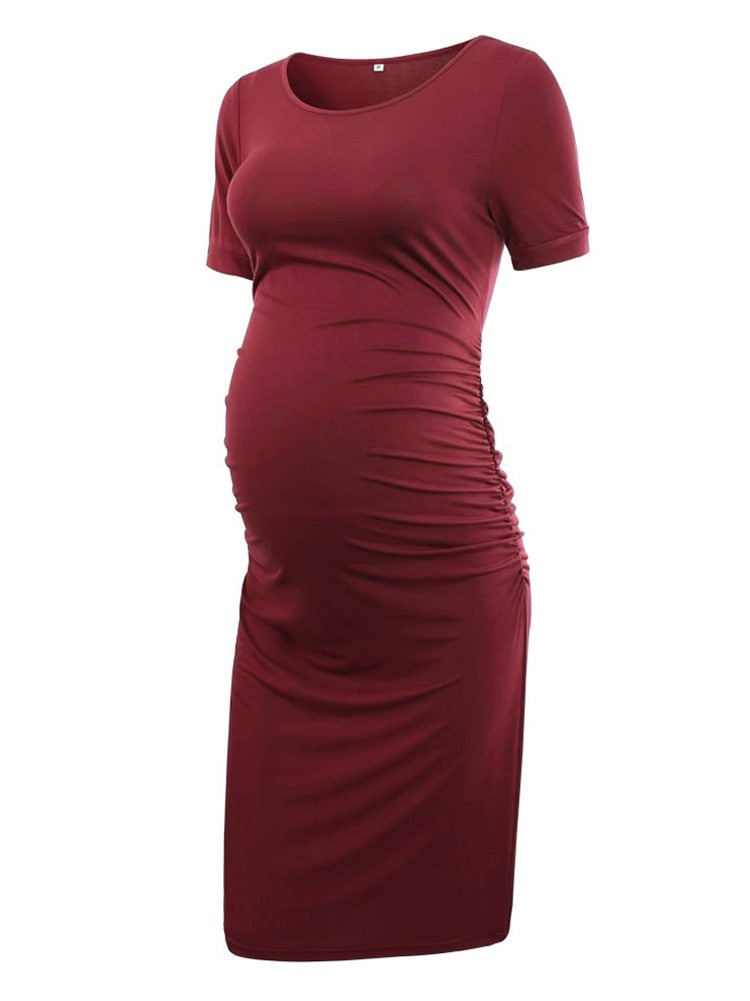 Liu&Qu Maternity Dresses Women Side Ruched Pregnany Dress Bodycon Pregnant Clothes Casual Mama Short Sleeve Wrap Baby Showers