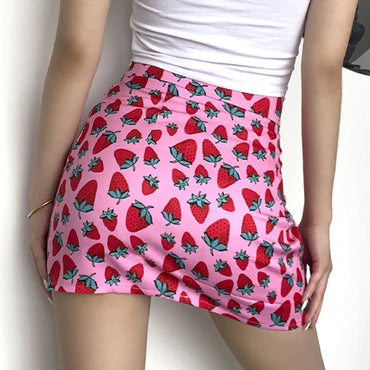 Pink Women'S Skirt Strawberry Printing Bag Waist Split cute high waist A Line Carnival Gold Skort party bodycon Under Skirts