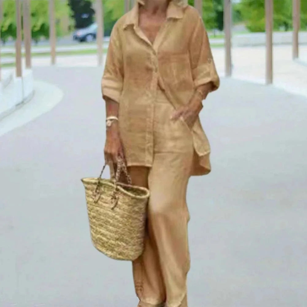 Summer Cotton Linen Casual Home 2 Piece Set For Women 2025 Fashion White Long Sleeve Shirt And Shorts Two Piece Sets Tracksuit